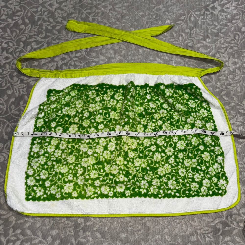 Vintage 70s Pequot Terry Cloth Apron Green White Floral Handmade Waist Apron USA
